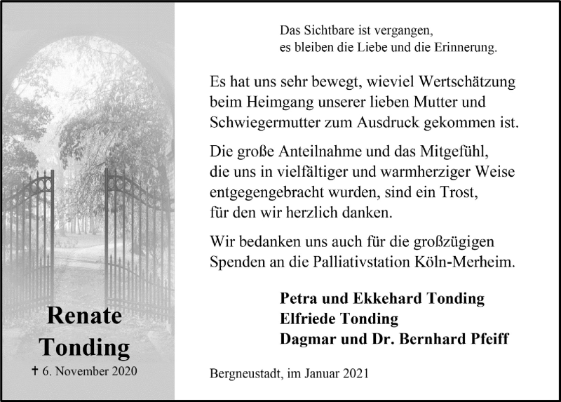  Traueranzeige für Renate Tonding vom 02.01.2021 aus  Anzeigen Echo 