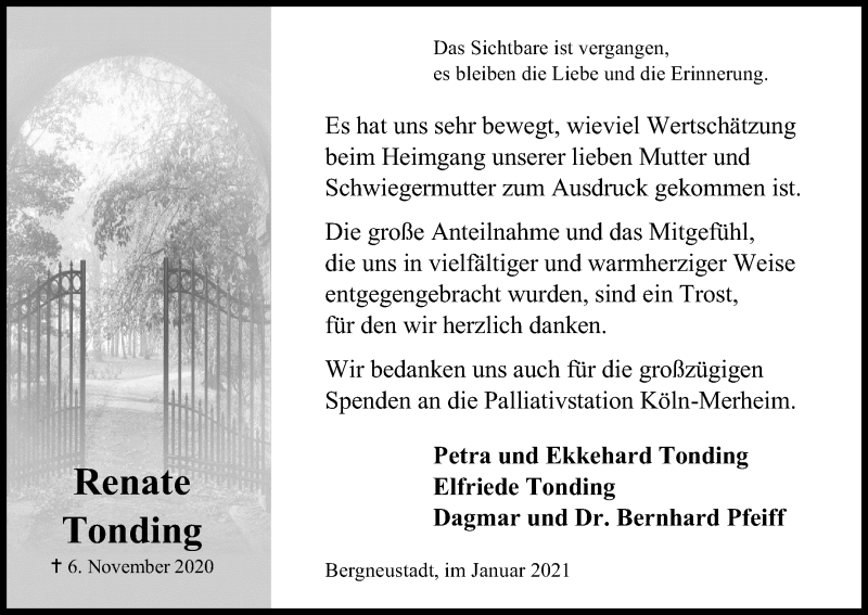  Traueranzeige für Renate Tonding vom 02.01.2021 aus Kölner Stadt-Anzeiger / Kölnische Rundschau / Express
