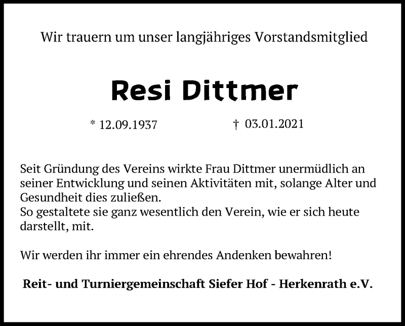  Traueranzeige für Resi Dittmer vom 09.01.2021 aus Kölner Stadt-Anzeiger / Kölnische Rundschau / Express