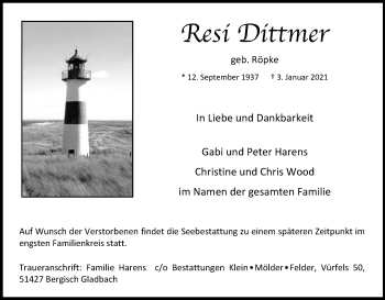Anzeige von Resi Dittmer von Kölner Stadt-Anzeiger / Kölnische Rundschau / Express