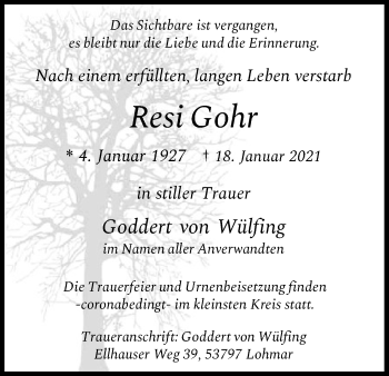Anzeige von Resi Gohr von Kölner Stadt-Anzeiger / Kölnische Rundschau / Express