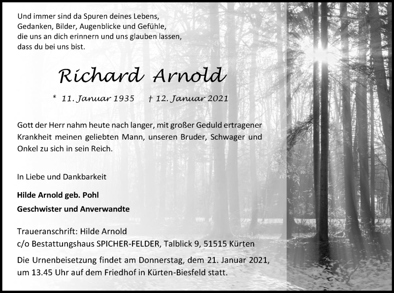  Traueranzeige für Richard Arnold vom 16.01.2021 aus Kölner Stadt-Anzeiger / Kölnische Rundschau / Express