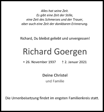 Anzeige von Richard Goergen von Kölner Stadt-Anzeiger / Kölnische Rundschau / Express