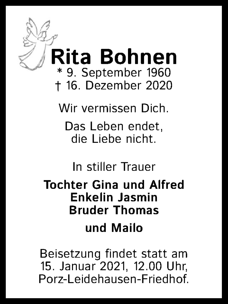  Traueranzeige für Rita Bohnen vom 09.01.2021 aus Kölner Stadt-Anzeiger / Kölnische Rundschau / Express