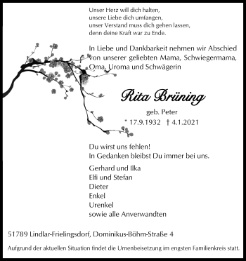 Anzeige von Rita Brüning von Kölner Stadt-Anzeiger / Kölnische Rundschau / Express