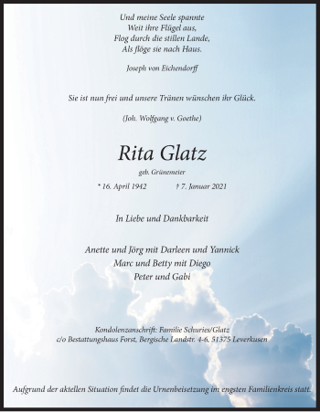 Anzeige von Rita Glatz von Kölner Stadt-Anzeiger / Kölnische Rundschau / Express