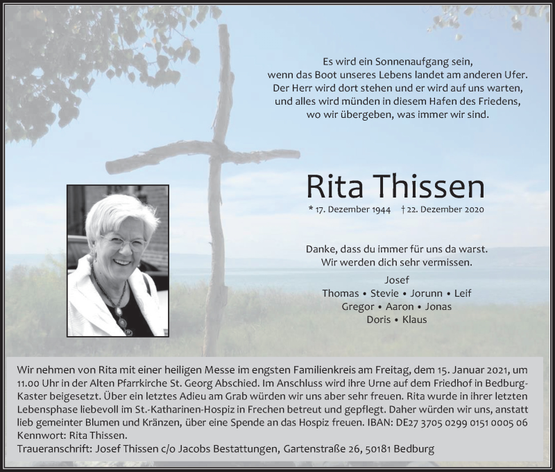  Traueranzeige für Ritaa Thissen vom 09.01.2021 aus Kölner Stadt-Anzeiger / Kölnische Rundschau / Express