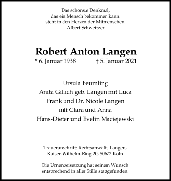 Anzeige von Robert Anton Langen von Kölner Stadt-Anzeiger / Kölnische Rundschau / Express