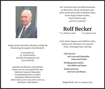 Anzeige von Rolf Becker von Kölner Stadt-Anzeiger / Kölnische Rundschau / Express