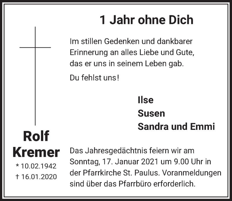  Traueranzeige für Rolf Kremer vom 08.01.2021 aus  Werbepost 