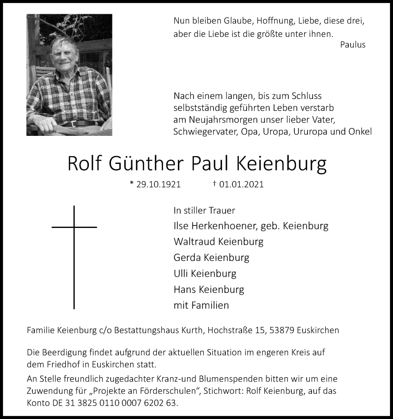  Traueranzeige für Rolf Günther Paul Keienburg vom 09.01.2021 aus Kölner Stadt-Anzeiger / Kölnische Rundschau / Express