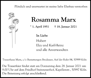 Anzeige von Rosamma Marx von Kölner Stadt-Anzeiger / Kölnische Rundschau / Express