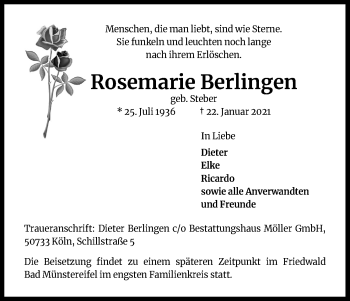 Anzeige von Rosemarie Berlingen von Kölner Stadt-Anzeiger / Kölnische Rundschau / Express