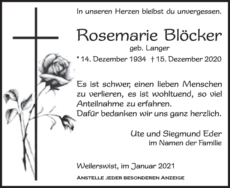  Traueranzeige für Rosemarie Blöcker vom 16.01.2021 aus  Blickpunkt Euskirchen 