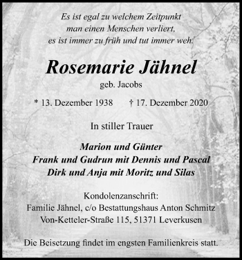Anzeige von Rosemarie Jähnel von Kölner Stadt-Anzeiger / Kölnische Rundschau / Express