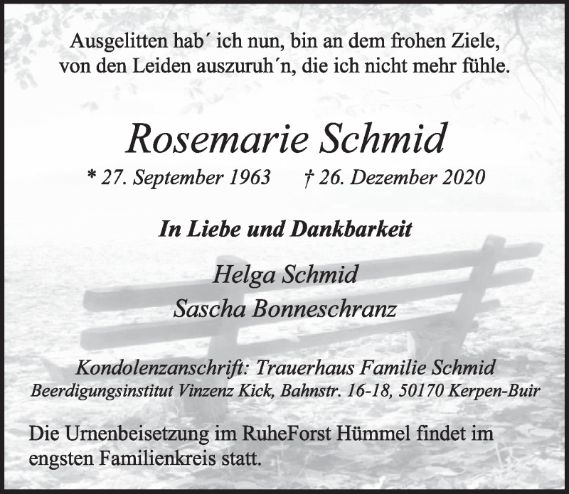  Traueranzeige für Rosemarie Schmid vom 15.01.2021 aus  Wochenende 