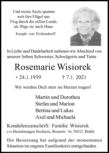 Anzeige von Rosemarie Wisiorek von Kölner Stadt-Anzeiger / Kölnische Rundschau / Express