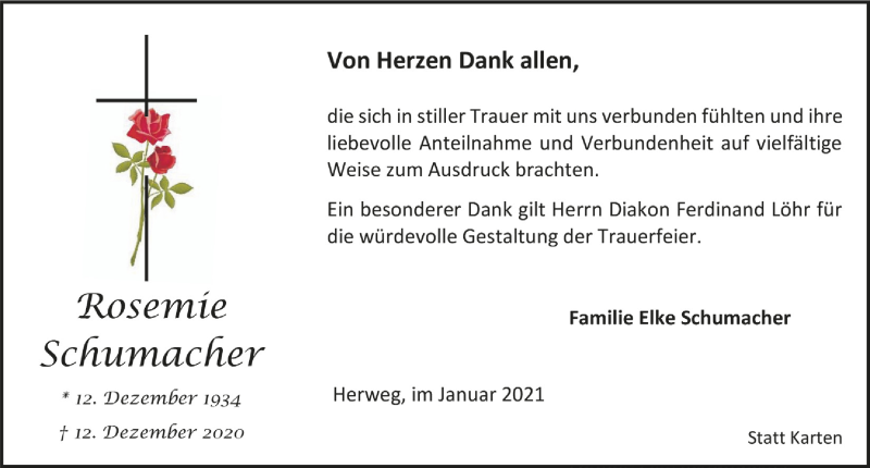  Traueranzeige für Rosemie Schumacher vom 15.01.2021 aus  Bergisches Handelsblatt 