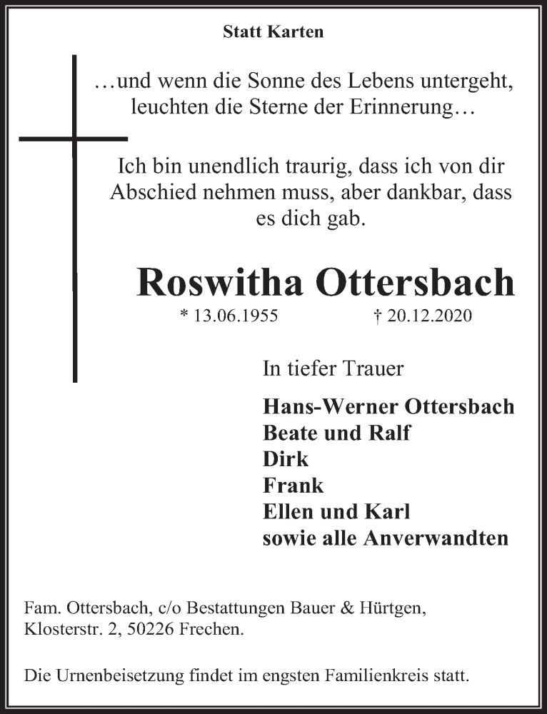  Traueranzeige für Roswitha Ottersbach vom 02.01.2021 aus  Wochenende 