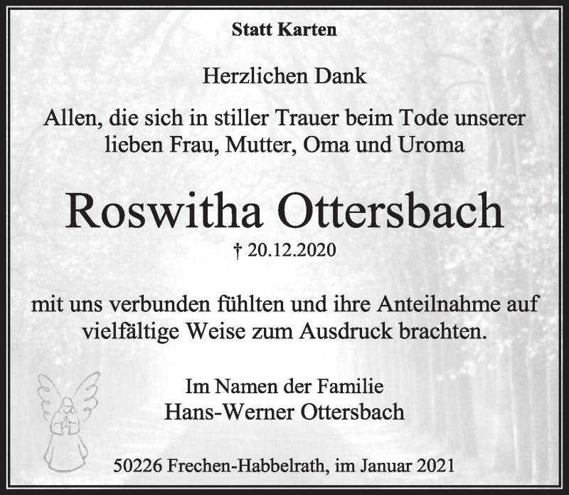  Traueranzeige für Roswitha Ottersbach vom 22.01.2021 aus  Wochenende 