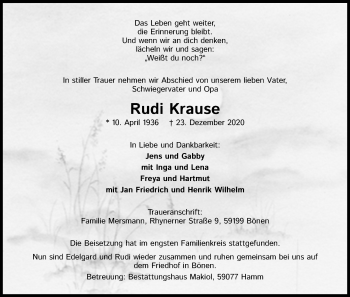 Anzeige von Rudi Krause von Kölner Stadt-Anzeiger / Kölnische Rundschau / Express