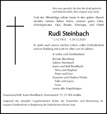 Anzeige von Rudi Steinbach von Kölner Stadt-Anzeiger / Kölnische Rundschau / Express