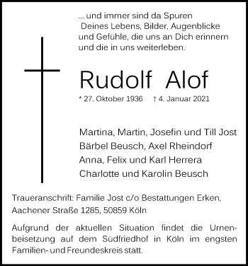 Anzeige von Rudolf Alof von Kölner Stadt-Anzeiger / Kölnische Rundschau / Express