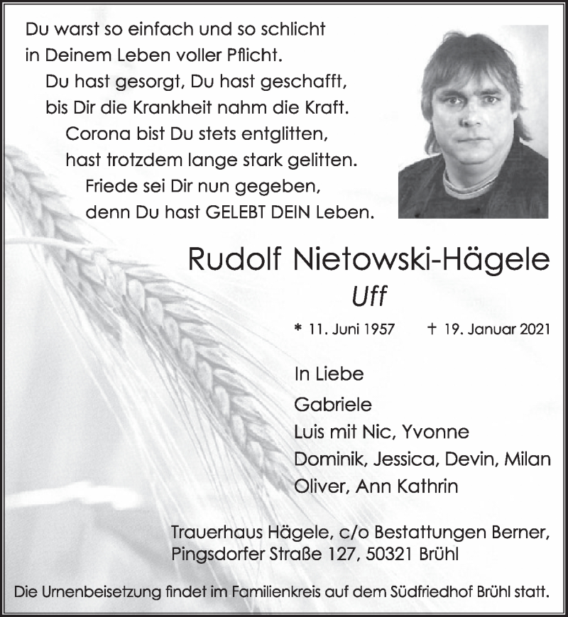  Traueranzeige für Rudolf Nietowski-Hägele vom 29.01.2021 aus  Schlossbote/Werbekurier 