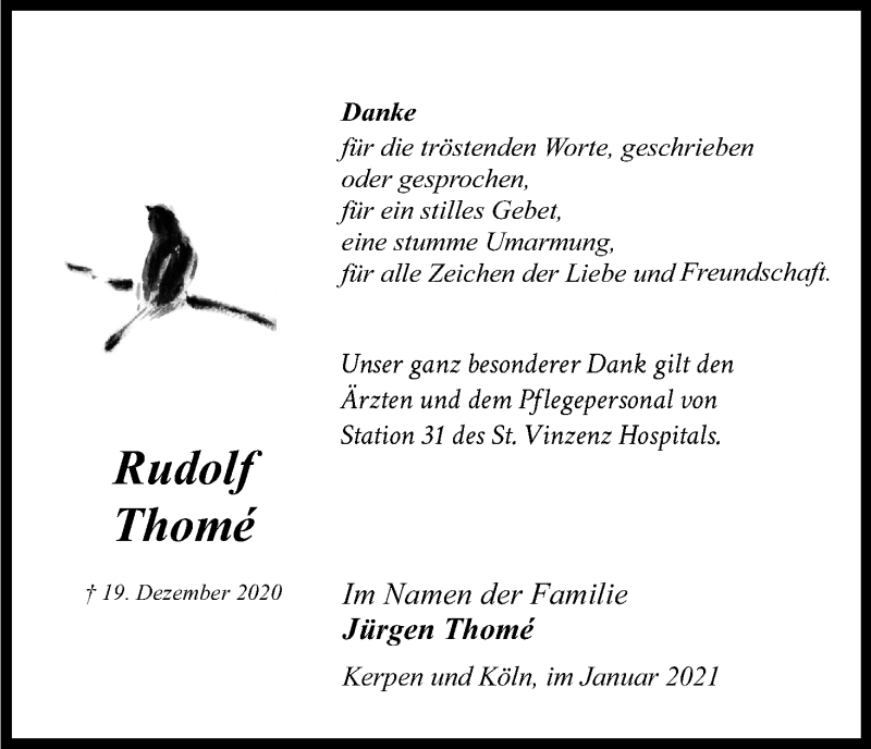  Traueranzeige für Rudolf Thome vom 27.01.2021 aus Kölner Stadt-Anzeiger / Kölnische Rundschau / Express