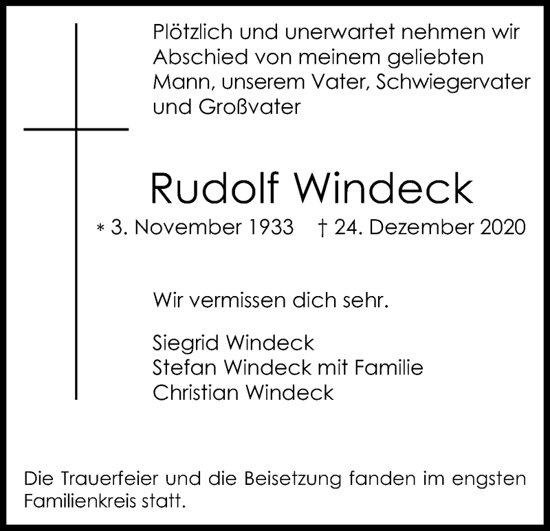  Traueranzeige für Rudolf Windeck vom 16.01.2021 aus Kölner Stadt-Anzeiger / Kölnische Rundschau / Express