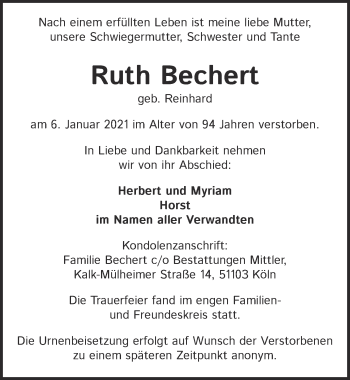 Anzeige von Ruth Bechert von  Kölner Wochenspiegel 