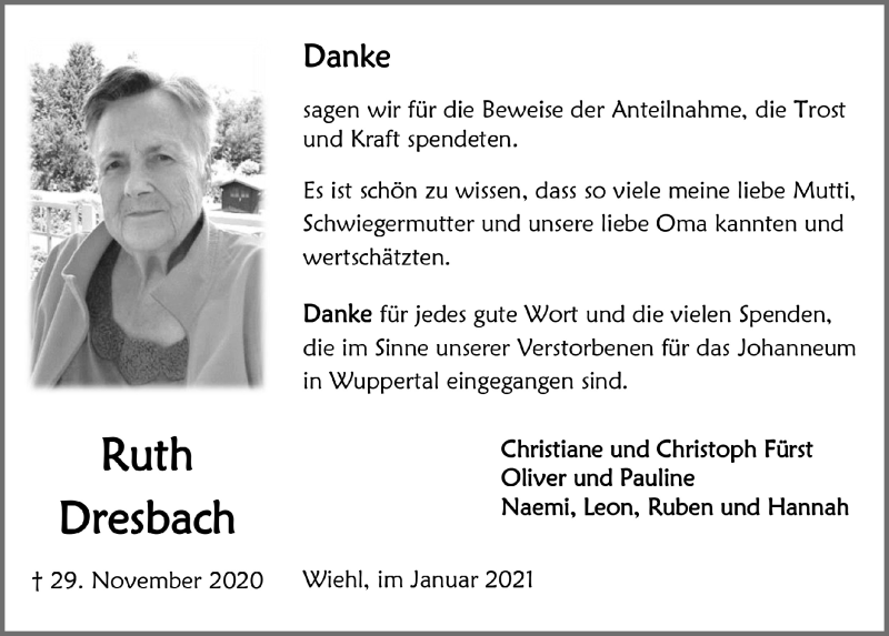  Traueranzeige für Ruth Dresbach vom 29.01.2021 aus  Anzeigen Echo 