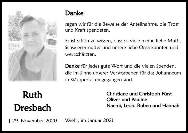  Traueranzeige für Ruth Dresbach vom 30.01.2021 aus Kölner Stadt-Anzeiger / Kölnische Rundschau / Express