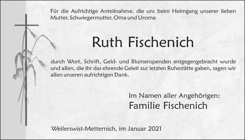  Traueranzeige für Ruth Fischenich vom 23.01.2021 aus  Blickpunkt Euskirchen 