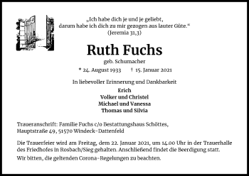 Anzeige von Ruth Fuchs von Kölner Stadt-Anzeiger / Kölnische Rundschau / Express