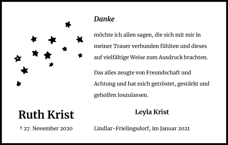  Traueranzeige für Ruth Krist vom 09.01.2021 aus Kölner Stadt-Anzeiger / Kölnische Rundschau / Express
