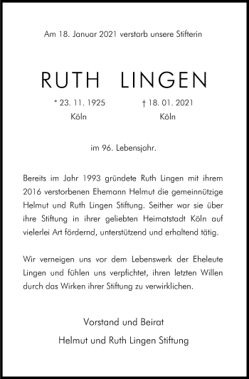 Anzeige von Ruth Lingen von Kölner Stadt-Anzeiger / Kölnische Rundschau / Express