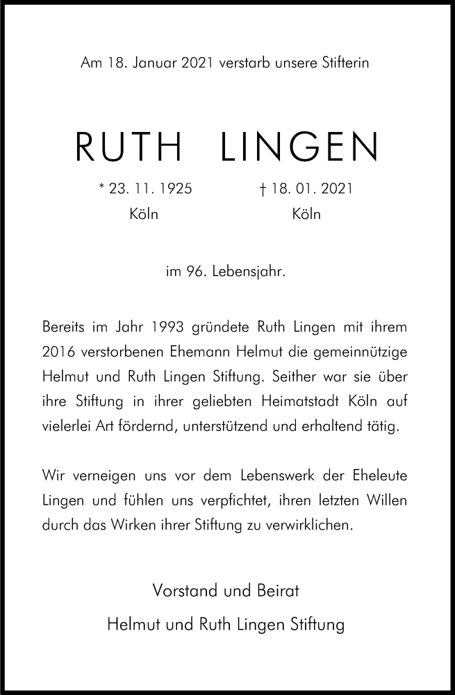  Traueranzeige für Ruth Lingen vom 23.01.2021 aus Kölner Stadt-Anzeiger / Kölnische Rundschau / Express