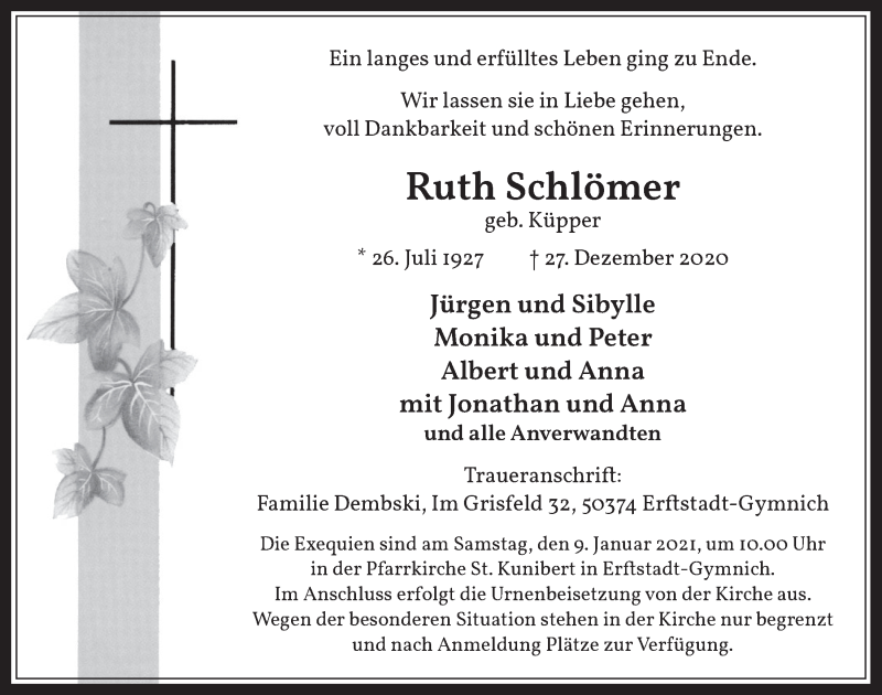  Traueranzeige für Ruth Schlömer vom 02.01.2021 aus  Werbepost 