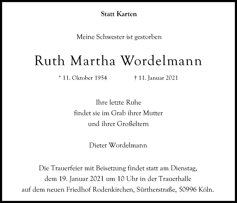  Traueranzeige für Ruth Martha Wordelmann vom 16.01.2021 aus Kölner Stadt-Anzeiger / Kölnische Rundschau / Express