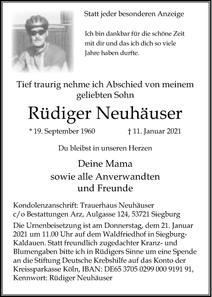  Traueranzeige für Rüdiger Neuhäuser vom 16.01.2021 aus Kölner Stadt-Anzeiger / Kölnische Rundschau / Express