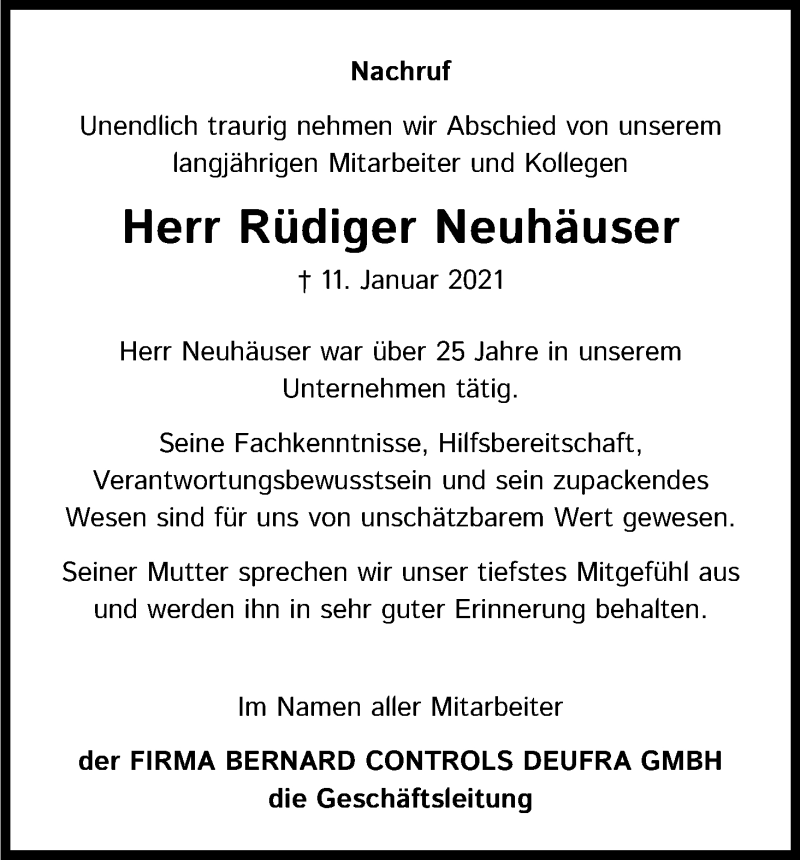  Traueranzeige für Rüdiger Neuhäuser vom 23.01.2021 aus Kölner Stadt-Anzeiger / Kölnische Rundschau / Express
