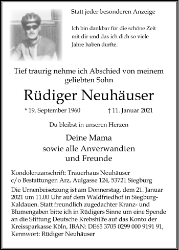 Anzeige von Rüdiger Neuhäuser von Kölner Stadt-Anzeiger / Kölnische Rundschau / Express