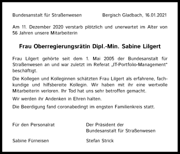Anzeige von Sabine Lilgert von Kölner Stadt-Anzeiger / Kölnische Rundschau / Express