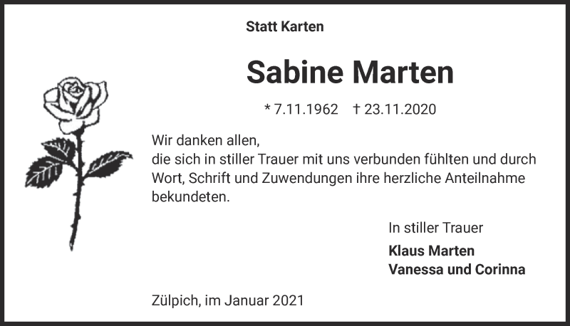  Traueranzeige für Sabine Marten vom 23.01.2021 aus  Blickpunkt Euskirchen 