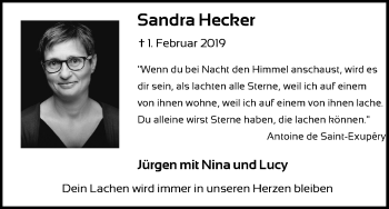Anzeige von Sandra Hecker von Kölner Stadt-Anzeiger / Kölnische Rundschau / Express
