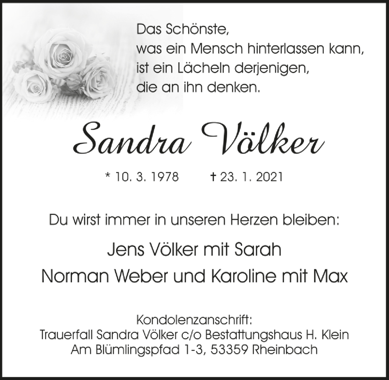  Traueranzeige für Sandra Völker vom 29.01.2021 aus  Schaufenster/Blickpunkt 