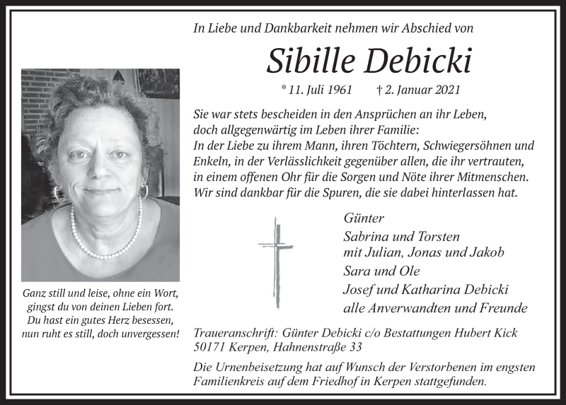  Traueranzeige für Sibille Debicki vom 15.01.2021 aus  Werbepost 