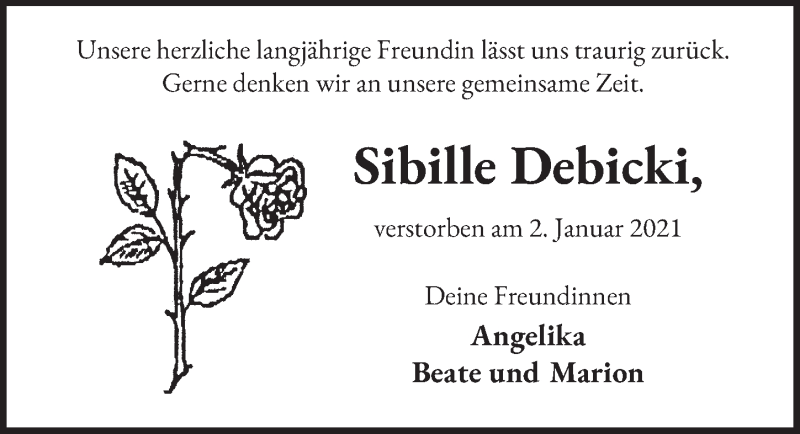  Traueranzeige für Sibille Debicki vom 22.01.2021 aus  Werbepost 