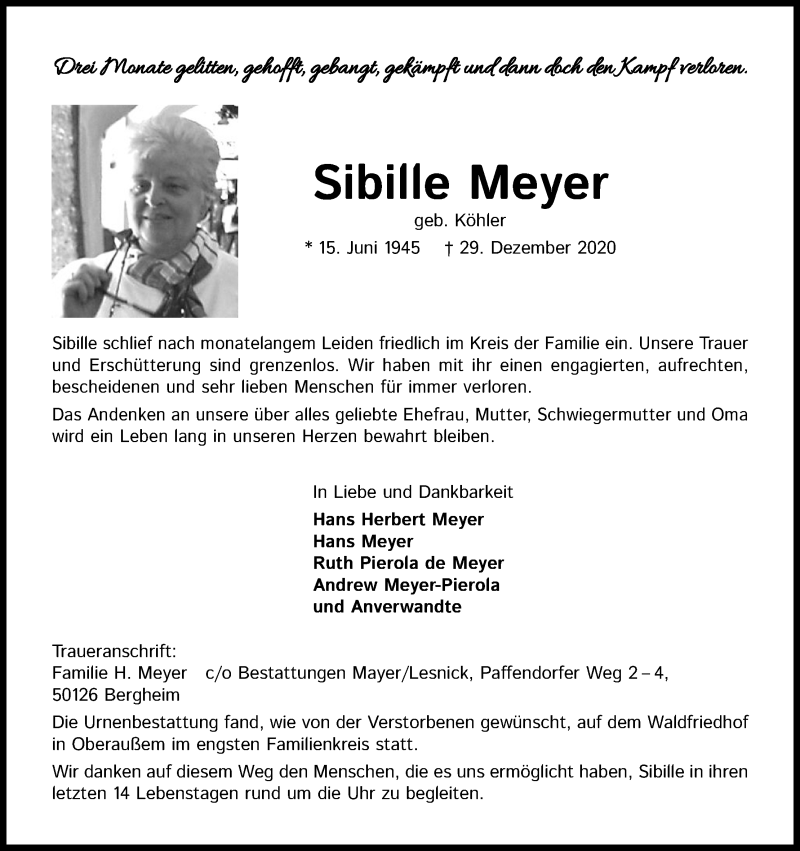  Traueranzeige für Sibille Meyer vom 23.01.2021 aus Kölner Stadt-Anzeiger / Kölnische Rundschau / Express